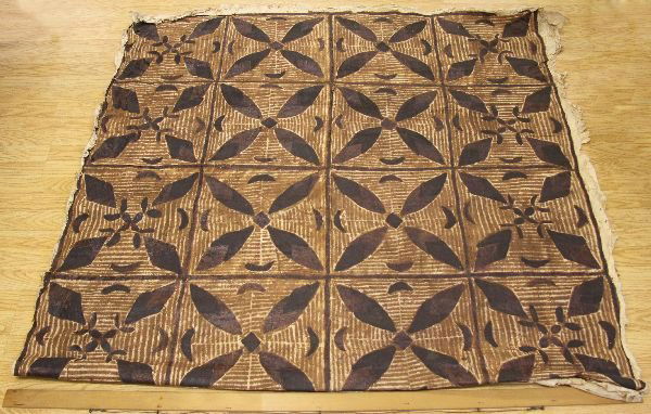 ANTIQUE HAWAIIAN TAPA KAPA CLOTH CIRCA 1800'S: ANTIQUE HAWAIIAN TAPA KAPA CLOTH CIRCA 1800'S A bark cloth tapa or Hawaiian kapa cloth circa 19th century and mounted as a tapestry wall hanging, measuring 60 inches X 60 inches. The colors are retain