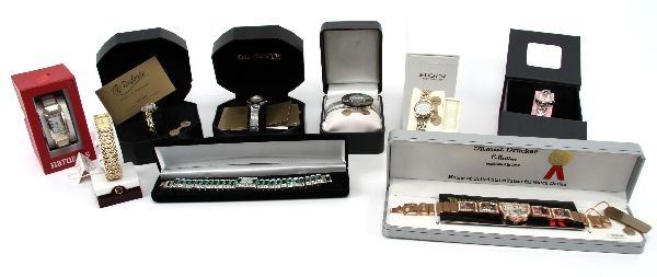 LADIES DRESS WATCH LOT OF 9 NEW IN BOXES: LADIES DRESS WATCH LOT OF 9 NEW IN BOXES Included are two Elgin gold tone, a "Naturals" gold tone bangle watch, a Playboy watch, an Abalone and Mother of Pearl watch, a Green and clear crystal bracele