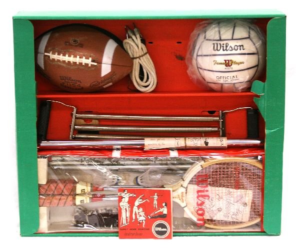 VINTAGE WILSON FAMILY "FUN N PLAY" KIT: VINTAGE WILSON FAMILY "FUN N PLAY" KIT In it's original box and dating from the 1960's, this is a great collectors piece. It includes a football, volleyball, badminton set, jump rope, chin up bar and 