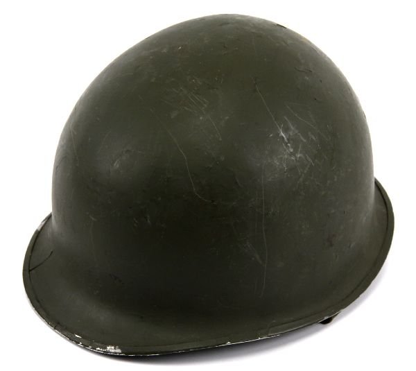 WWII US ARMY M1 FIXED BAIL HELMET: WWII US ARMY M1 FIXED BAIL HELMET Fixed bail helmet with front seam. Replaced liner. Some outer shell paint loss but generally good. 1 inch split to the right side. EST $100-200