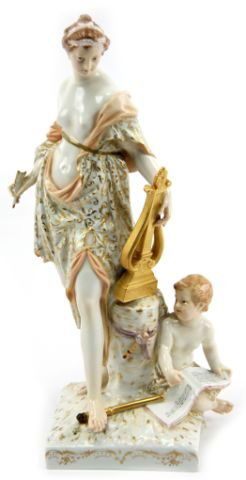 KPM PORCELAIN FIGURINE OF WOMAN & CHILD MUSICAL: KPM PORCELAIN FIGURINE OF WOMAN & CHILD MUSICAL With a blue and red KPM mark on bottom this porcelain stands 12 inches tall. It features a woman holding a pen and a Lyre. The Child sits on the ground