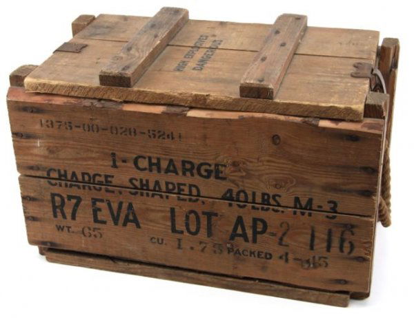 WW2 WOODED DEMOLITION BOX FOR M-3 EXPLOSIVES: A wood box dated 4-45 for m-3 bag charges with rope handles designed to hold 40 lbs.