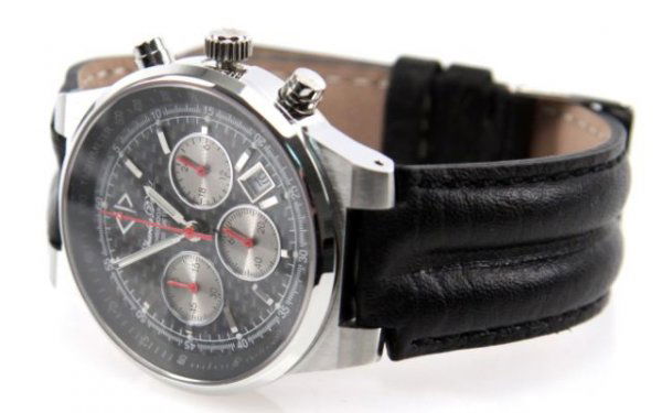 MENS MAGMA SS WRISTWATCH W/ RALLYE LEATHER BAND: MENS MAGMA SS WRISTWATCH W/ RALLYE LEATHER BAND A men's Charles David Magma SS chronograph wristwatch with stainless steel case measuring 39 mm, quartz movement, authentic carbon fiber dial, premium s
