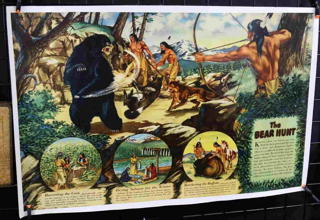 VINTAGE AMERICAN INDIAN HUNTING & ACTIVITY POSTER: Rare vintage early 20th Century advertising educational poster exhibiting Native American Indian Bear Hunt and other daily or seasonal activities. Condition: Color is striking and rich, mounted to can