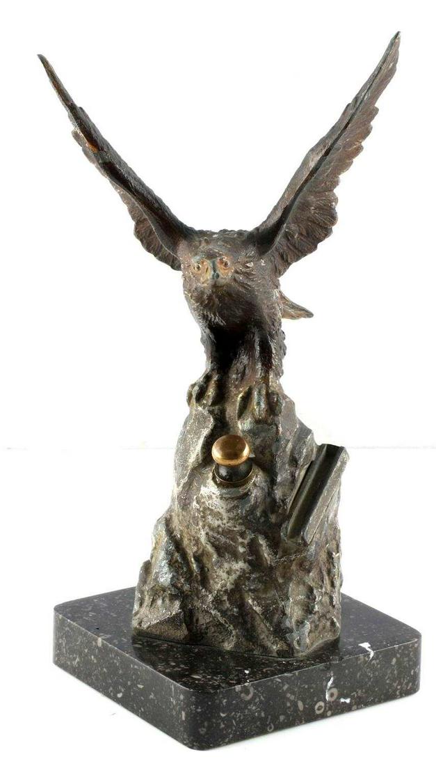 ANTIQUE FEDERAL EAGLE TOUCH TIP WAND LIGHTER: Early 20th century or late 19th century wand or touch tip lighter, fully functional on marble base standing 7 inches, exceptional detail to eagle, painted over spelter metal.