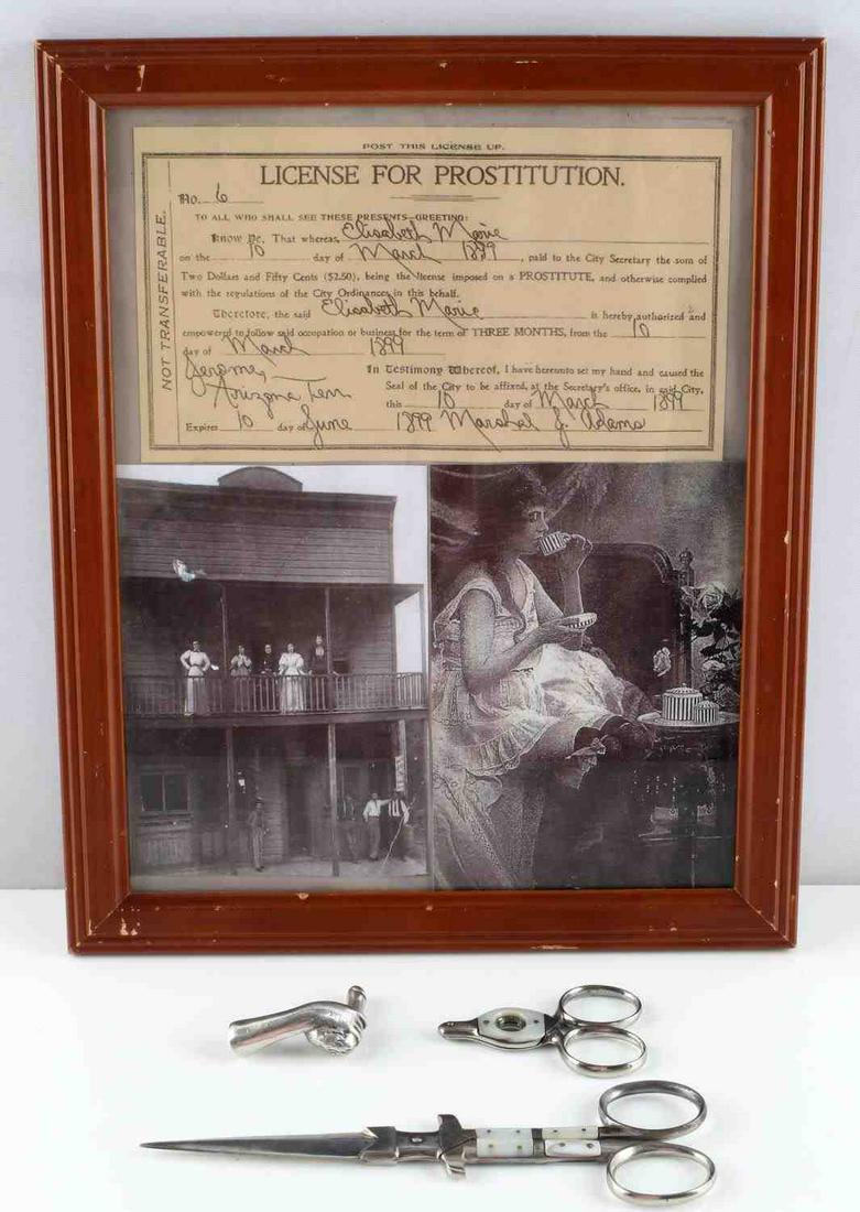 PROSTITUTION LICENSE SCISSOR CIGAR CUTTER & TAMPER: Lot includes: an 1899 License for prostitution issued by Arizonia Territory to an Elizabeth Marie, an antique J. Grinberg Soligen 6 inch Prostitute dagger scissors or garter dagger often carried in Vi