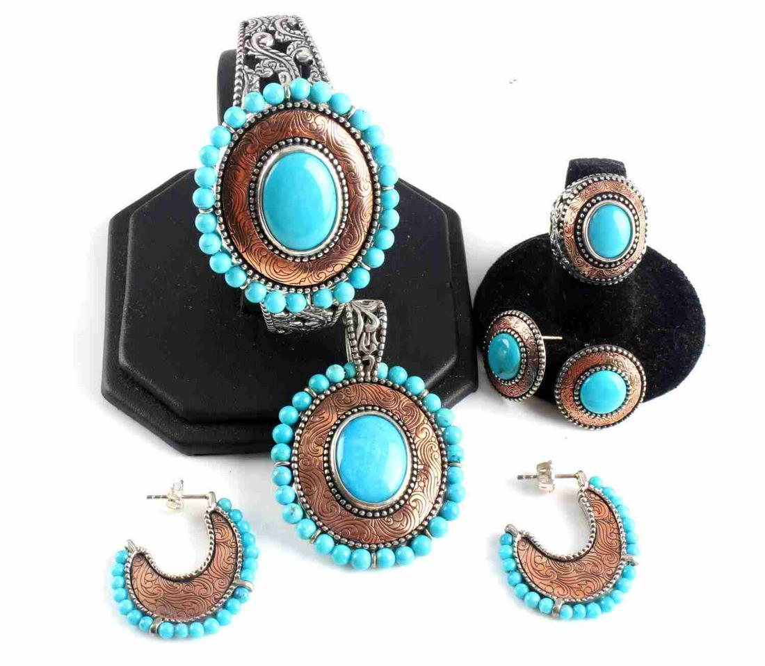 CAROLYN POLLACK RELIOS NAVAJO STERLING JEWELRY: Designer sterling silver, copper and turquoise set by Navajo silversmith Carolyn Pollack and Relios artisan. Cuff measures 6 3/4 inches including the gap, pendant 2 1/4 x 1 1/2 inches, Ring size 6. To