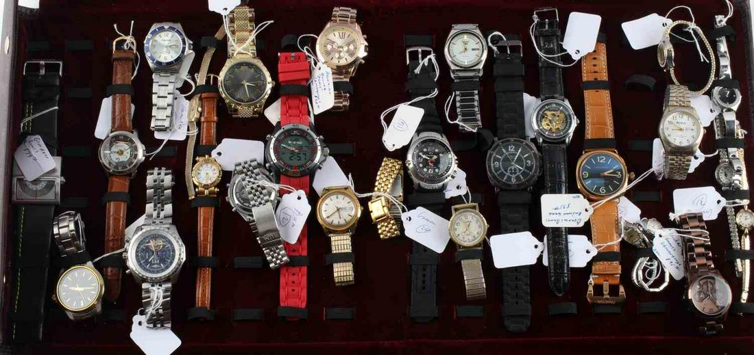 LOT OF 27 MENS & LADIES WRIST WATCH DEALERS STOCK: Most are working, some may need batteries, very good saleable condition, Gruen , Hamilton, Waltham, Fossil, Armitrom, Seiko solar and more, sold as is.