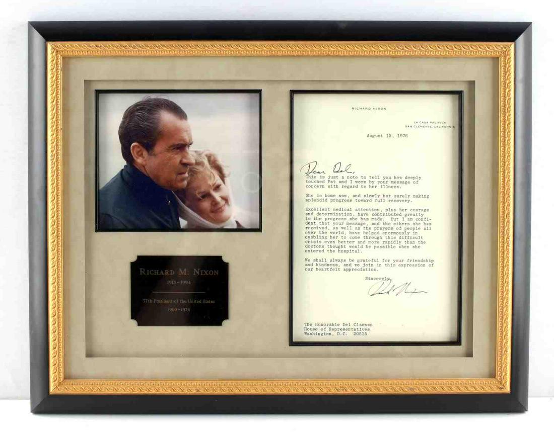 1976 LETTER FRON RICHARD NIXON TO REP DEL CLAWSON: On Nixon letterhead typed and signed thank you letter, Framed and professionally mounted. Measures 19 by 15 inches.