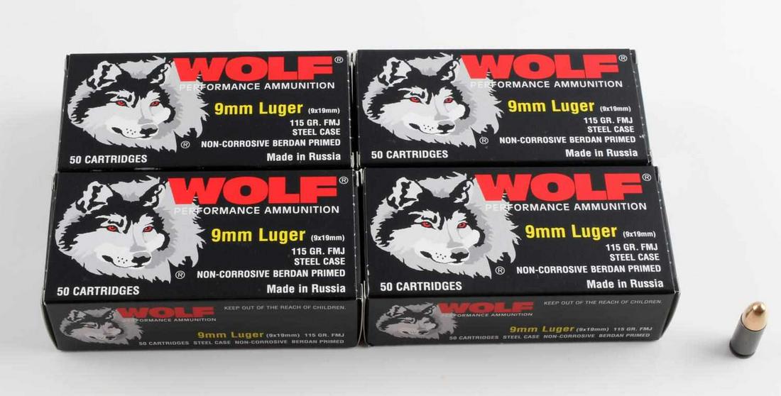 200 ROUNDS OF NEW IN BOX WOLF 9MM LUGER AMMUNITION: 150 rounds of new in box Wolf 9mm Luger 115 grain, FMJ ammunition. 4 boxes of 50 cartridges.