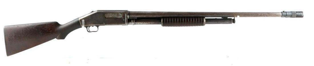 MARLIN FIREARMS 16 GAUGE PUMP ACTION SHOTGUN: Marlin Firearms 16 gauge pump-action shotgun with a "Model V" poly choke and a barrel which measures approximately 27 inches in total and features a bright and clean bore. Patent date, model number, a