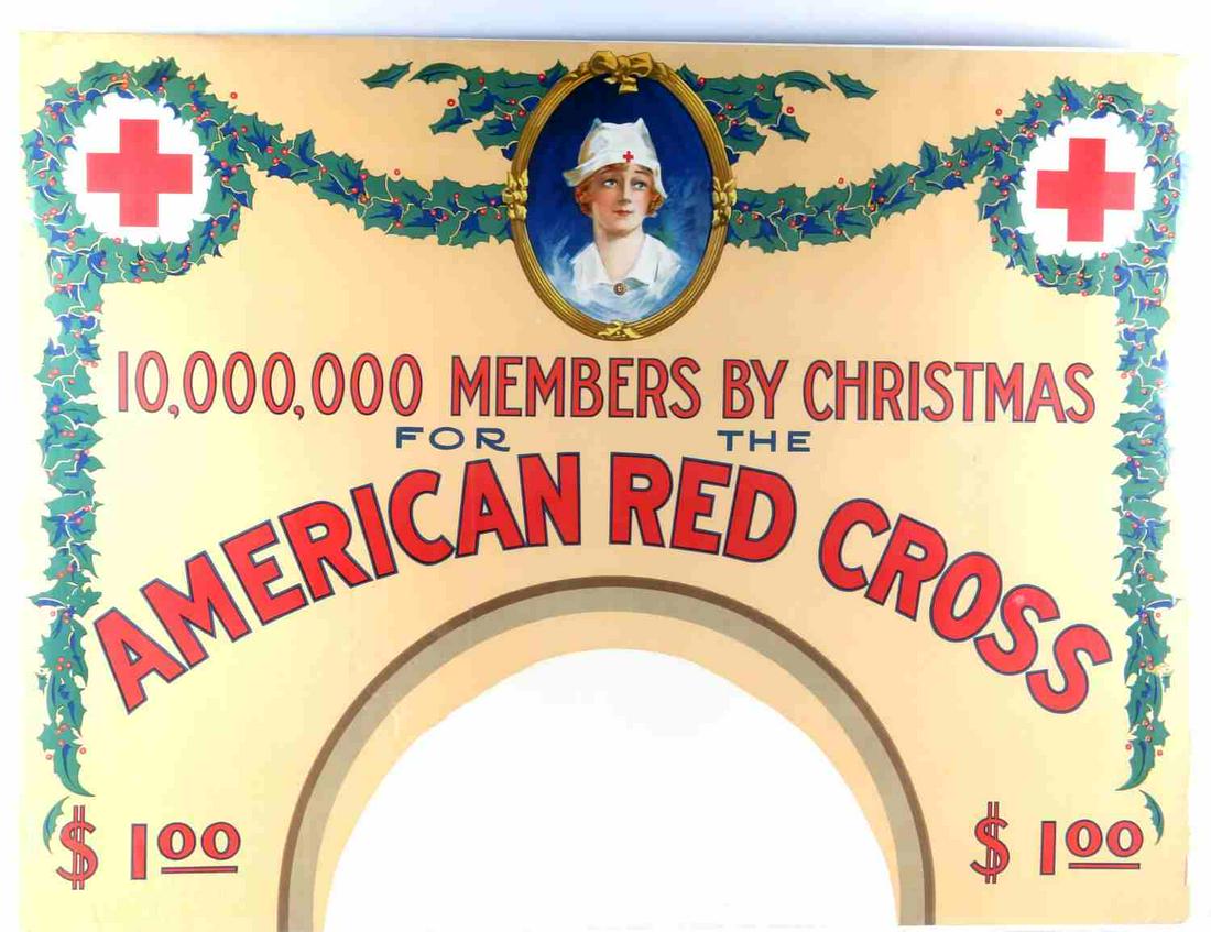 WWI AMERICAN RED CROSS CHRISTMAS POSTER ORIGINAL: 31x41 inch World War I era Red Cross poster, matte finish, minor folding or loss along edges, shrink wrapped for preservation, no holes or punctures noted. Just below the "R" in American there is a gr