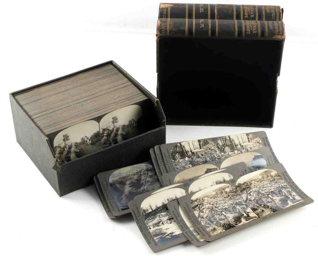 LOT KEYSTONE VIEW COMPANY WWI STEREOVIEW CARDS: Original, complete set of World War I themed stereo cards. This is Volume III & IV (100 cards total). Cards numbered 101-200. Vibrant, detailed photos. All in good condition with expected age wear. Ou