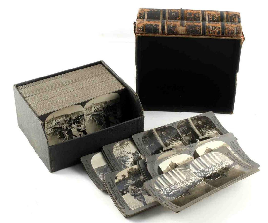 LOT KEYSTONE VIEW COMPANY WWI STEREO CARDS 201-300: Original, complete set of World War I themed stereo cards. This is Volume V & VI (100 cards total). Cards numbered 201-300. Vibrant, detailed photos. All in good condition with expected age wear. Oute