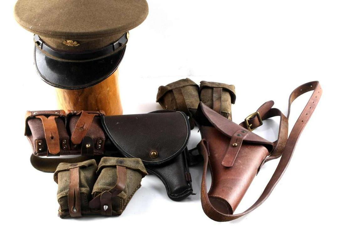 WWII MILITARY LOT AMMO POUCH SOVIET NAGANT HOLSTER: Includes 2 Steyr Mannlicher web ammo pouches, U.S. GI visor, Cold War Nagant holster belt buckle and ammo pouches, Quality Flare gun holster.