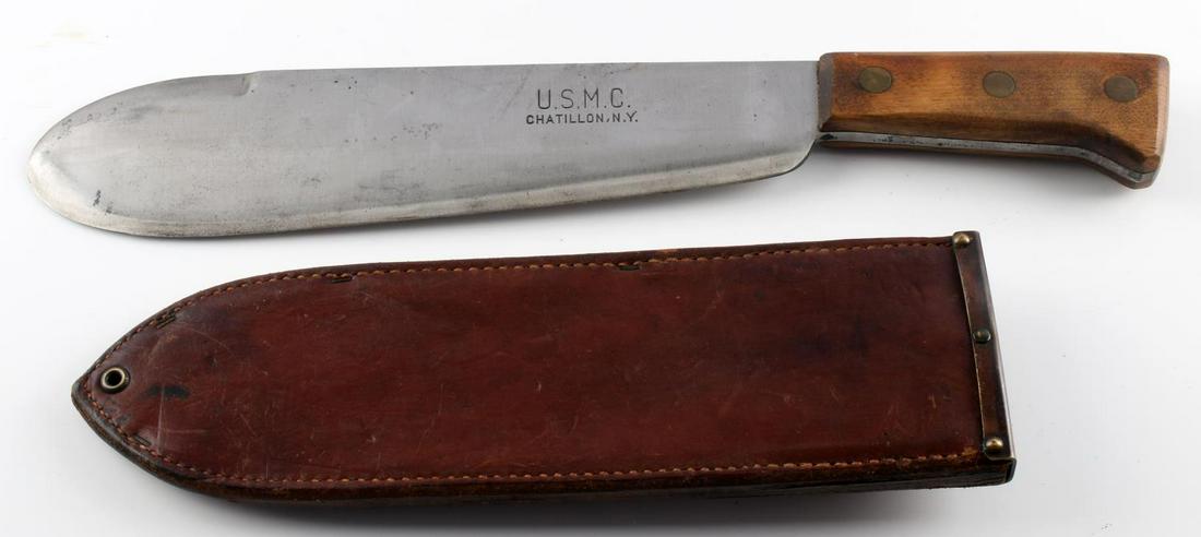 WWII AMERICAN USMC BOLO KNIFE WITH BOYT SHEATH: WWII American USMC bolo knife with blade measuring 11 7/16 inches long and is marked "U.S.M.C." and "Chatillon" N.Y.". Comes in leather Boyt sheath which reads "USMC Boyt 45".