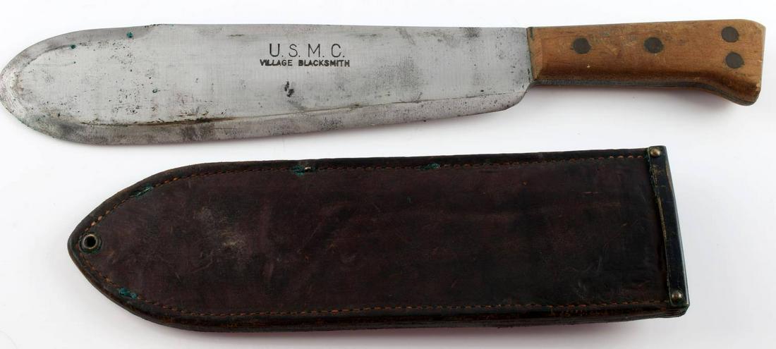 WWII USMC MARINE VILLAGE BLACKSMITH BOLO KNIFE: Very good original condition, 16 .5 inches overall, scabbard stamped Boyt USMC 45.
