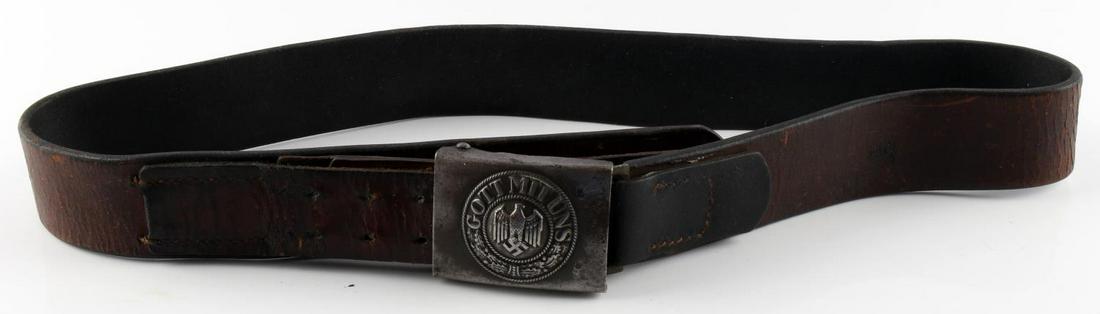 WWII GERMAN THIRD REICH BELT & BUCKLE DATED 1942: Complete German belt and buckle, maker stamped and dated 1942 on leather belt tab, sizeable to US 34 waist. Very good original condition.