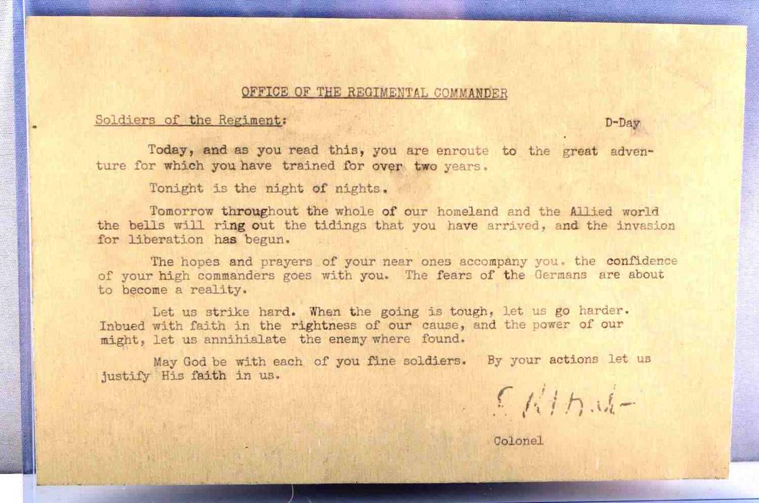 WWII D-DAY US PARATROOPER INFANTRY SINK LETTER: US WWII D-Day 506th Parachute Infantry Regiment Colonel Sink Letter. Measures 8 1/4" wide by 5 7/16” tall. It is from the ‘Office Of The Regimental Commander’ to the ‘Soldiers of the Regiment�