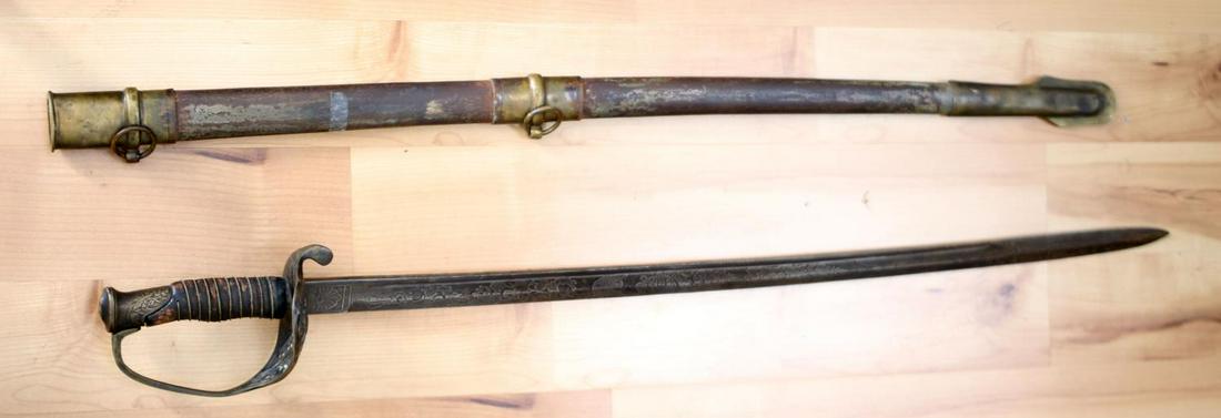 US CIVIL WAR AMERICAN STAFF ARMY OFFICERS SWORD: US Civil War Union Army Staff & Field Officers Sword & Scabbard. Measures 36 2/16 inches long overall. The double engraved steel blade is maker marked ‘TIFFANY & CO US’ on one side. It is dated ��
