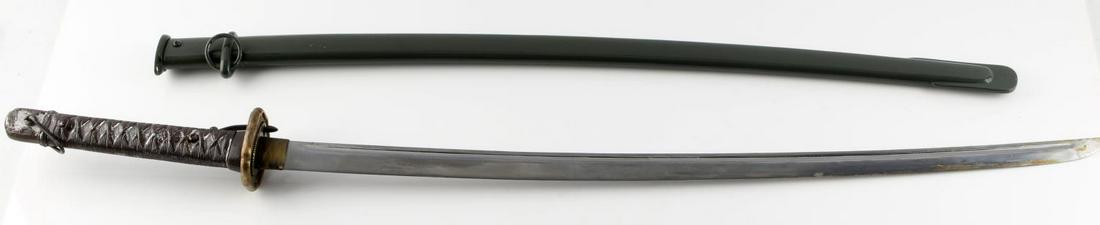 WWII IMPERIAL JAPANESE NCO KATANA SWORD W SCABBARD: Japanese WWII Army NCO Katana & Scabbard. Measures 3 feet long overall. The single edged steel blade measures 27 9/16 X 1 1/16 inches. The OD green painted steel scabbard is in good condition. The bla