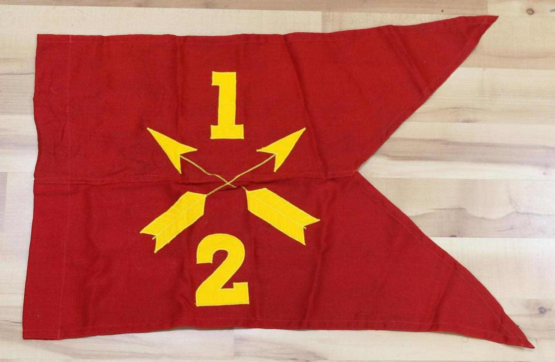 WWII US ARMY FIRST SPECIAL SERVICE GUIDON FLAG: Measures 31 X 19 inches. Obverse shows a pair of crossed arrows in the center with a ‘1’ above and a ‘2’ below. Multi piece machine sewn cotton construction. General Robert T. Frederick was in