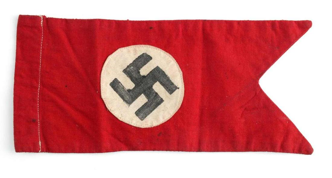 WWII GERMAN THIRD REICH SA STAFF CAR PENNANT: WWII German NSDAP SA Swastika vehicle staff car pennant. Measures approximately 9.75 X 4 inches tall. The front and the back shows a swastika in the center of the guide on flag. Three piece machine se