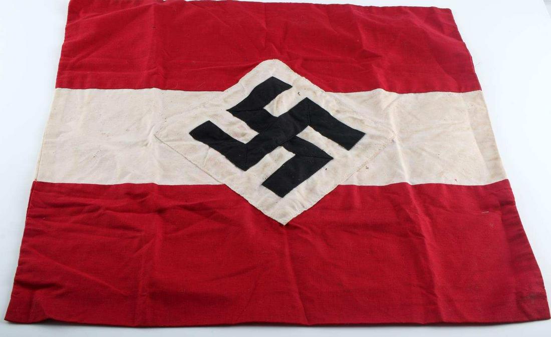 WWII THIRD REICH HITLER YOUTH TRUMPET BANNER: German World War II Hitler Youth HJ Trumpet Banner Flag. Measures 19 1/2” wide by 19 1/4” tall. The front and the back shows a black swastika in the center of a white diamond on a red and white ba
