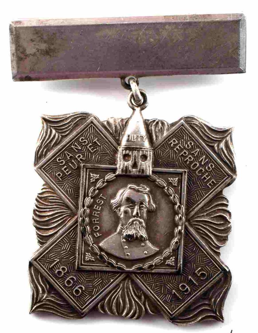 1920S KNIGHTS OF KU KLUX NATHANIEL FORREST CROSS: 1920’s Knights Of The Ku Klux Klan KKK Nathaniel Forrest 1866 – 1915 Hero Cross. The cross itself measures 1 3/8 X 1 3/8 inches plus the top bar. Shows a bust image of Nathaniel Bedford Forrest in