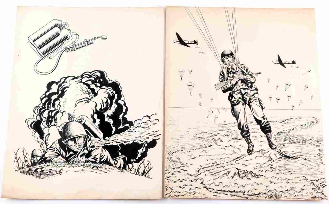2 WWII UNITED STATES INK DRAWINGS OF SOLDIERS: Two (2) unsigned WWII ink drawing of United States soldiers. One soldier is laying prone with a flame thrower and an explosion to the background. The other is a paratrooper descending onto an island h