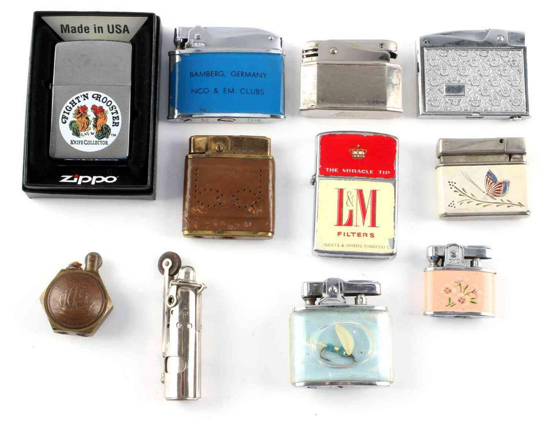 ASSORTED ZIPPO CONTINENTAL WWII TRENCH LIGHTER LOT: Lot of 11 vintage or antique cigar and cigarette lighters. Brands: Zippo, Prince Gardner, Penguin, Augusta Automatic, Rowenta, Symbol and Continental. There is also a WWII 1939 English Half Penny tren