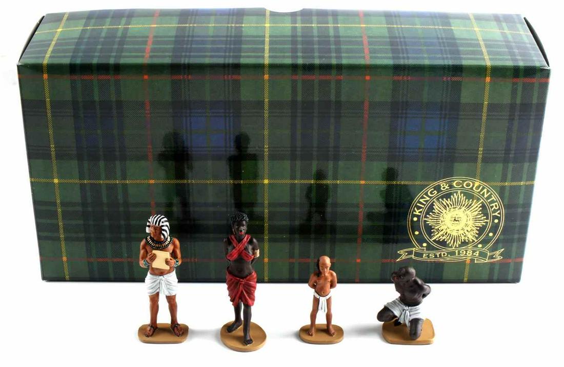 KING & COUNTRY ANCIENT EGYPT MINIATURES AE026: King & Country Ancient Egypt AE026 miniature set of 4 in original box. Includes Egyptian master, slave, and two other African slaves. Measurements range from 1 3/4 inches to 3 1/2 inches. Very good co