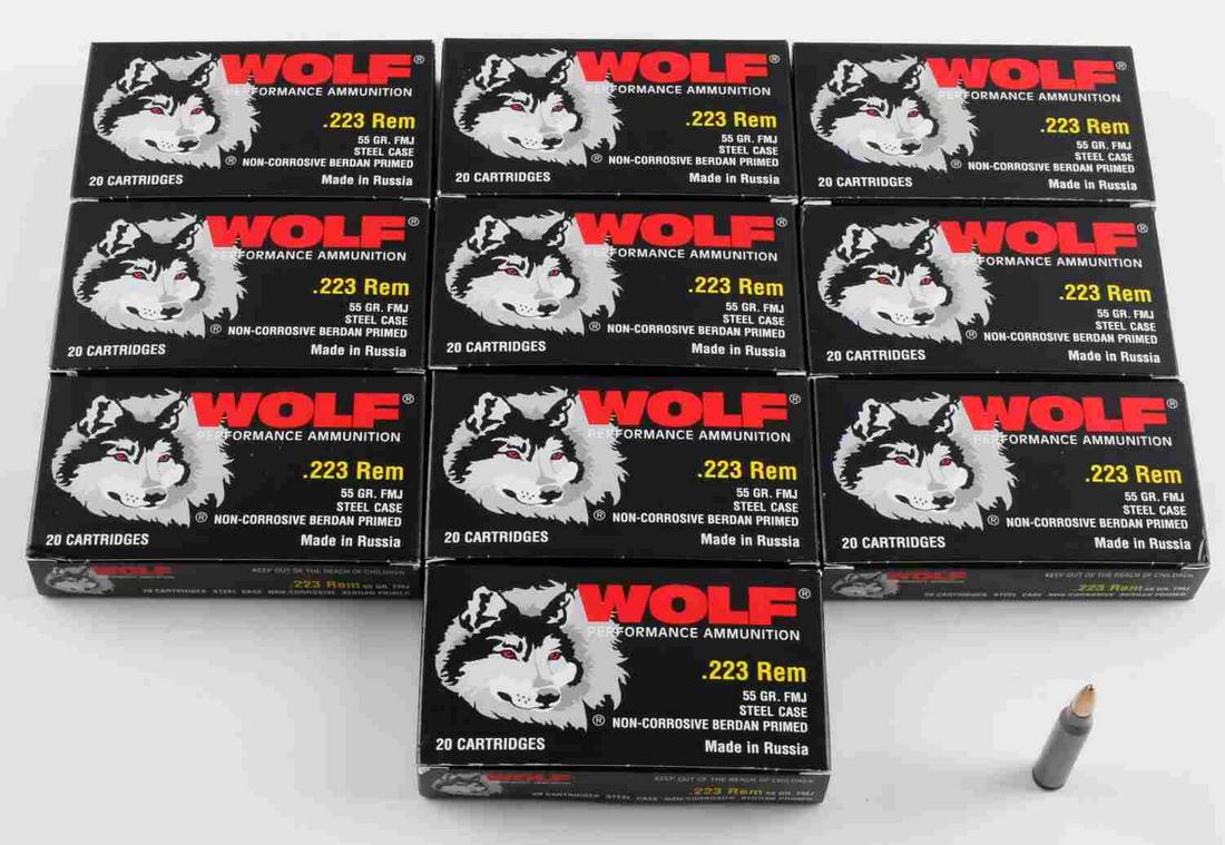200 ROUNDS OF NEW IN BOX WOLF .223 REM AMMUNITION: 200 rounds of new in box Wolf .223 Rem 55 grain, FMJ ammunition. 10 boxes of 20 cartridges.