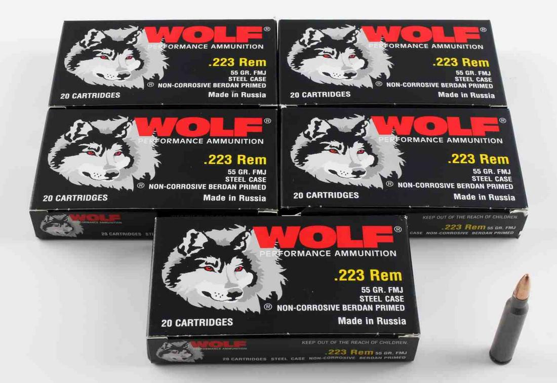 100 ROUNDS OF NEW IN BOX WOLF .223 REM AMMUNITION: 100 rounds of new in box Wolf .223 Rem 55 grain, FMJ ammunition. 5 boxes of 20 cartridges.