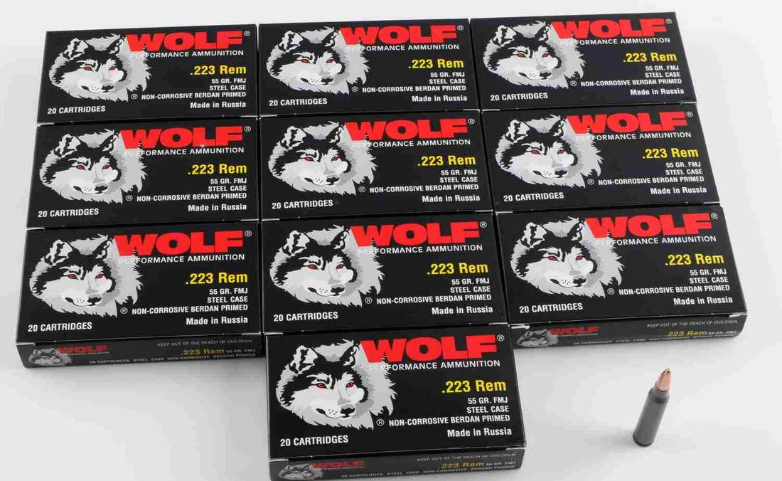 200 ROUNDS OF NEW IN BOX WOLF .223 REM AMMUNITION: 200 rounds of new in box Wolf .223 Rem 55 grain, FMJ ammunition. 10 boxes of 20 cartridges.