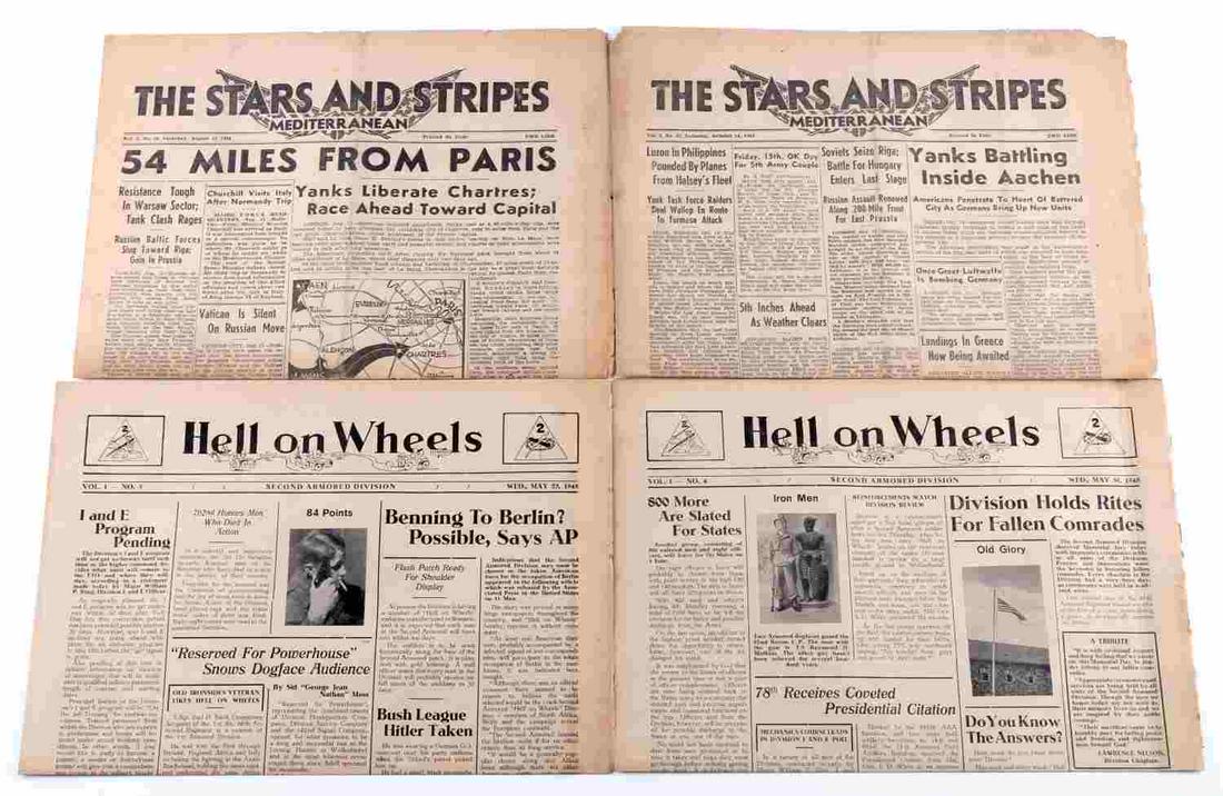 4 WWII STARS AND STRIPES 2ND ARMORED DIV NEWSPAPER: Two (2) WWII Stars and Stripes Mediterranean newspapers printed in Italy. One issued August 12, 1944 and the other October 14, 1944. Two (2) Second Armored Division newspapers. One issued May 23, 1945