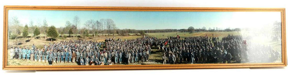 YARD LONG PHOTO 1ST DIV ARMY OF MISS CSA 1987: Framed panoramic photo of the 1st Division Army of the Mississippi CSA in Shiloh, Tennessee, April 3-5, 1987. Color Group Inc. 2417 Westminster Way, Wilmington, NC 28405 marked to lower right. Measure