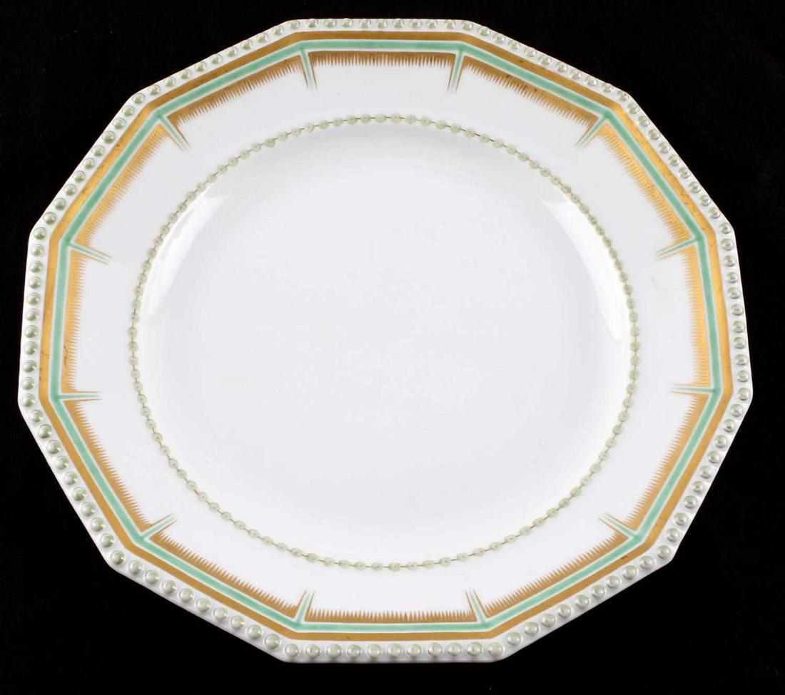 WWII THIRD REICH GERMAN NYMPHENBURG CHINA PLATE: Found in Schloss Klesheim near Salzburg, Germany. Himmlers War headquarters, for work at Obersalzburg. 12-sided dinner plate with knobs at border, then gold and green trim, then another inside border.