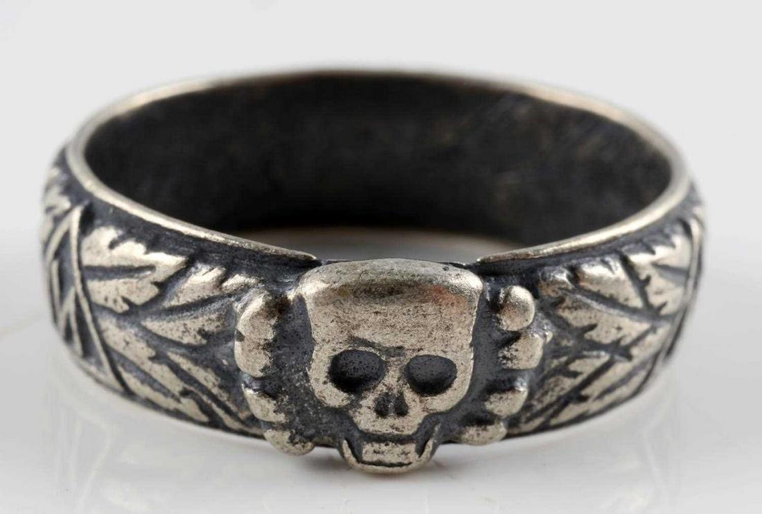 WWII GERMAN WAFFEN SS HONOR HIMMLER SILVER RING: Size 14 1/4. Good condition. Marked "S. 16 H. Hinsch 6.10.38." Also features facsimile of H. Himmler. Tests for silver. Unauthenticated, sold as is. This lot has a reserve.