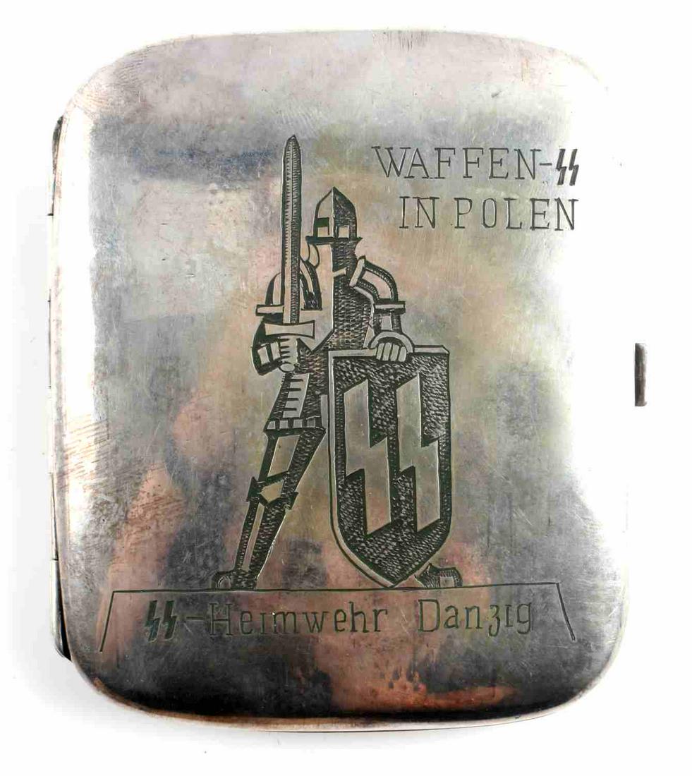 WWII GERMAN THIRD REICH SILVER SS CIGARETTE CASE: Waffen SS in Polen case. Features knight in armor holding SS shield with sword. Measures 3 1/2 x 3 inches. Good condition. Marked 800 silver & tests for silver. Weighs 78.7 grams. Unauthenticated, sol