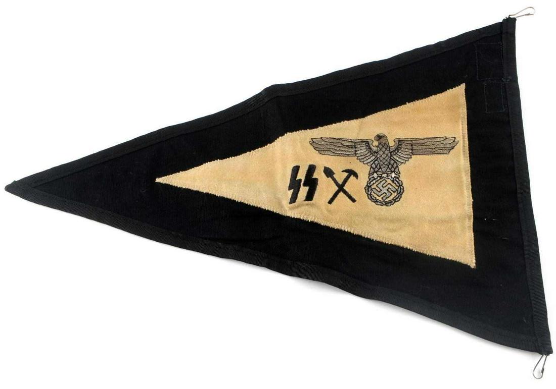 WWII THIRD REICH WAFFEN SS OFFICER VEHICLE PENNANT: German WWII Waffen SS Miner Officers Vehicle Staff Car Pennant. Measures 14 15/16” wide by 10 5/8” tall. The front and the back side shows a Waffen SS bullion flat wire eagle clutching a swastika 
