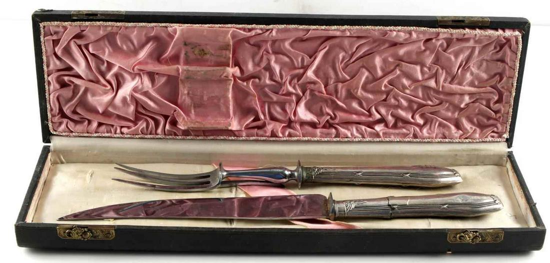 WWII ADOLF HITLER 800 SILVER MEAT CARVING SET: WWII German Third Reich meat carving fork and knife set. Silver handles, stainless steel knife and fork. Marked "800" and makers at top of handle. Marked with "AH" initials on both knife and fork. Com