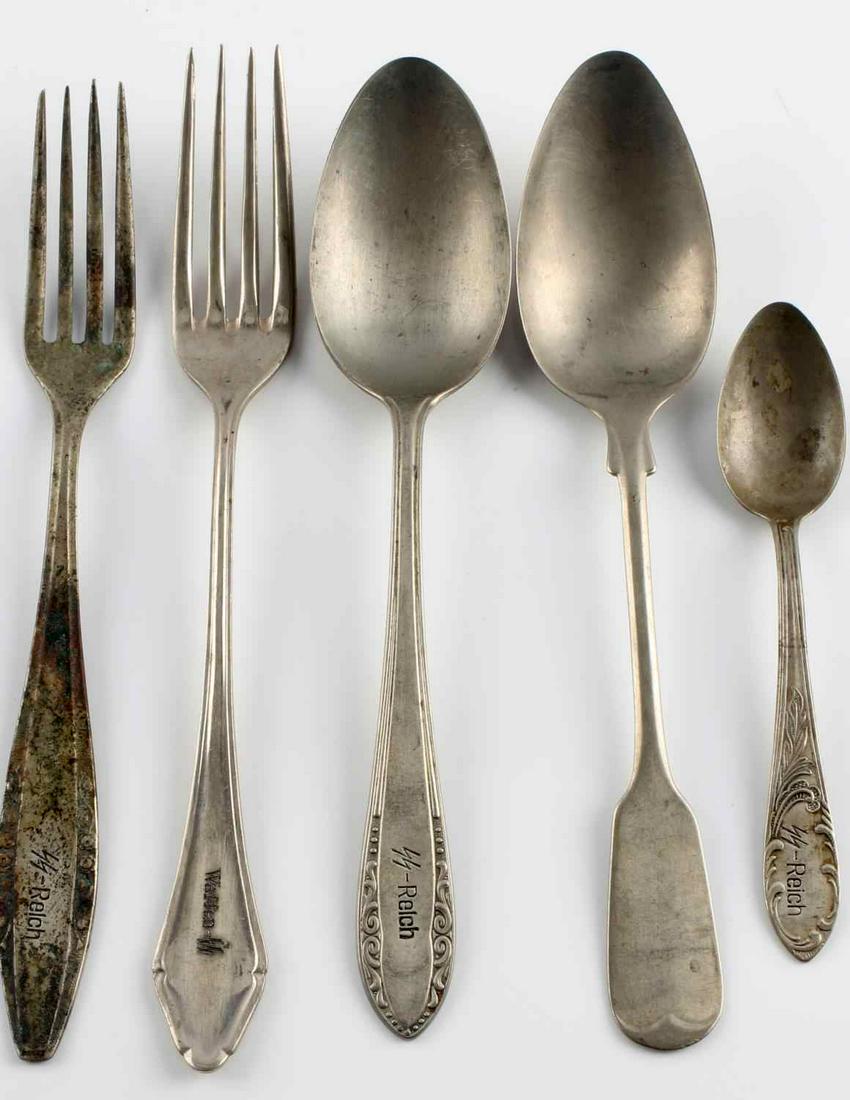 5 WWII GERMAN THIRD REICH WAFFEN SS FLATWARE LOT: Five (5) WWII German Waffen SS silverware including three (3) spoons and two (2) forks. Spoons marked SS-Reich and one with SS runes. Two spoons marked Alpacca to reverse and the other illegible. Fork