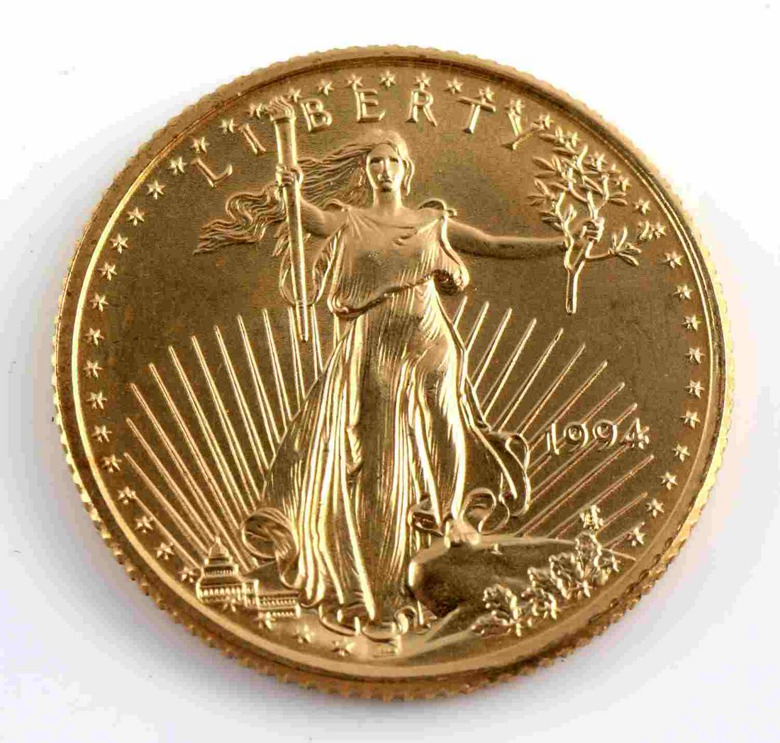 1/10 OZ AMERICAN EAGLE GOLD COIN BU1994: Brilliant uncirculated 1/10th troy ounce gold coin.