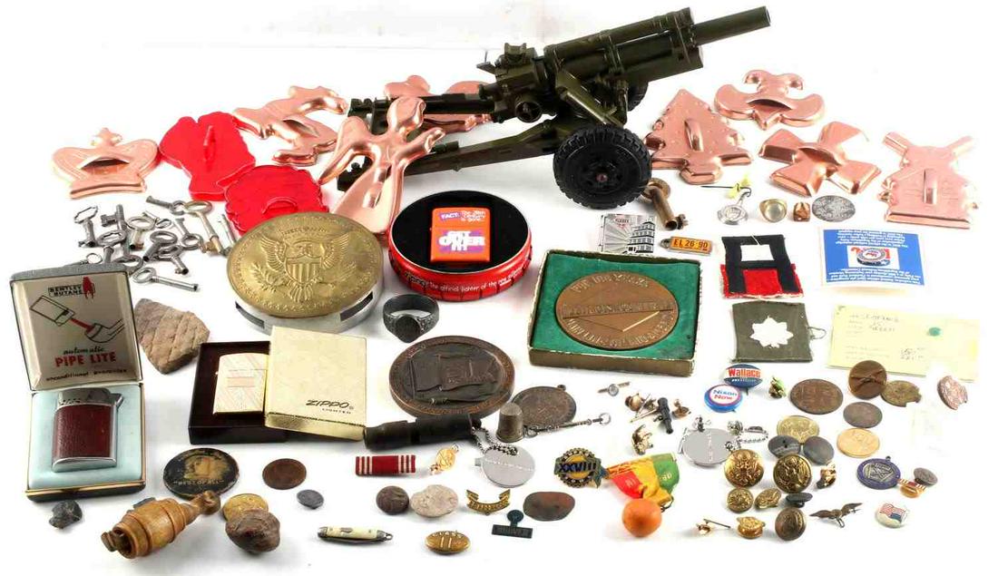 MIXED LOT OF COLLECTIBLES ZIPPO TOKENS CUFF LINKS: Lot includes: vintage lighters, Ringling Bros world's largest ring (JG Tarver Texas Giant), variety of tokens, Veterans Helping Veterans 1983 pin, B&P girl scout whistle, military buttons, cuff links,