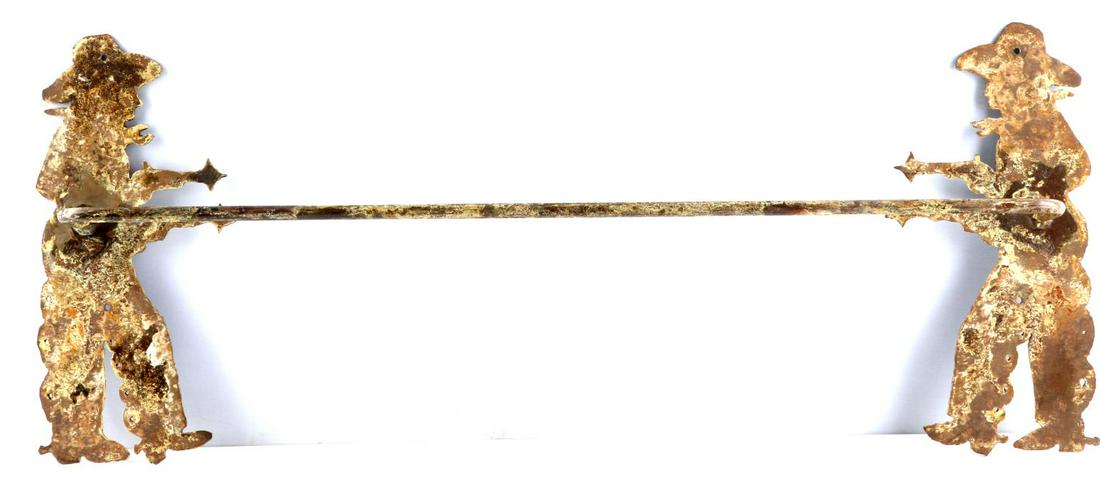 RUSTIC WESTERN WROUGHT IRON COWBOY TOWEL RACK: Great western decor piece for blanket, towel or linen. Rough cut with rustic finish. Length 28 inches, height 12 inches, bar length 26 inches.