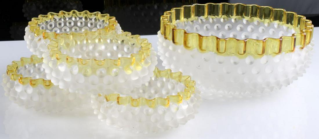 MID CENTURY HOB NAIL SALAD DESSERT BOWL SET OF 6: Vintage frosted Hob Nail with yellow rim set includes one (1) large 8-inch diameter bowl with five (5) small 5-inch diameter bowls. All in good condition.