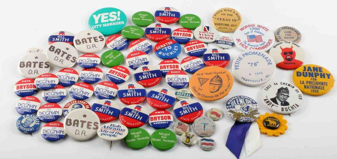LOT OF VINTAGE POLITICAL CAMPAIGN PINS CITY MANAGE: Seems to be from the 1970's and later. Some names include: Nixon Agnew, Liberty, Poland, Bryson Assembly, Andy Buchta, Bill Smith, Ed Degnan, Bob Abrams, Wallace, and more. Good condition.