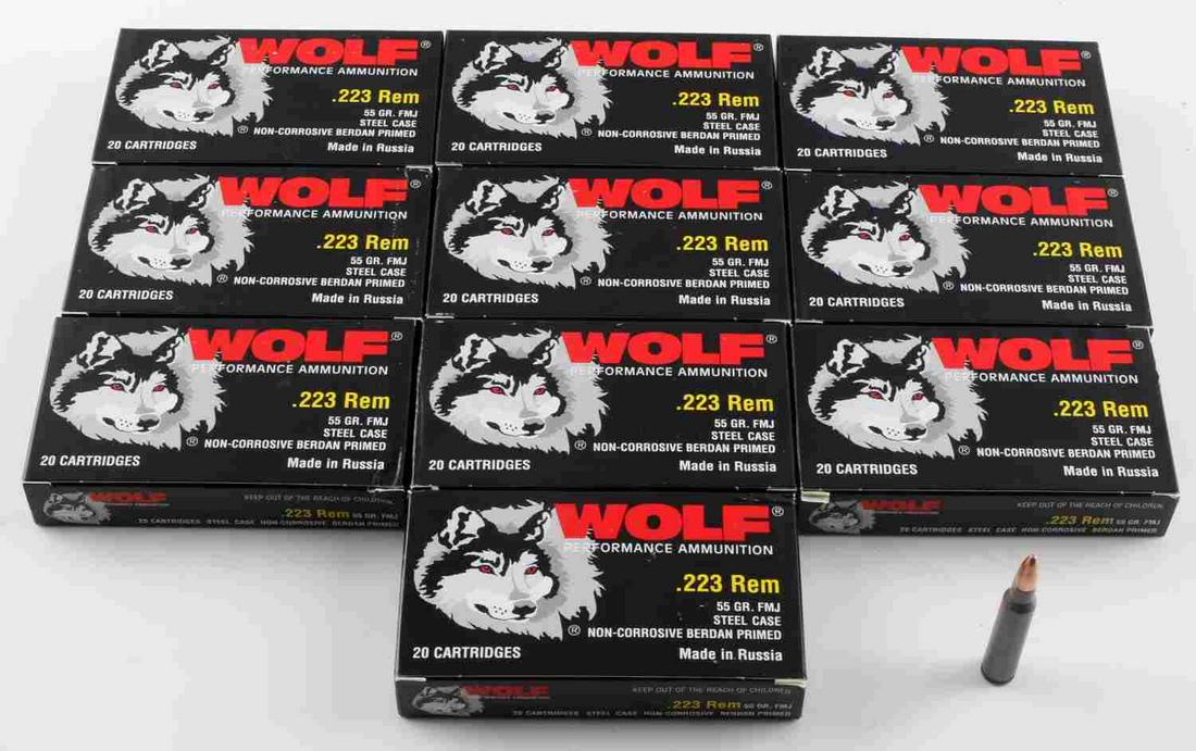 200 ROUNDS OF NEW IN BOX WOLF .223 REM AMMUNITION: 200 rounds of new in box Wolf .223 Rem 55 grain, FMJ ammunition. 10 boxes of 20 cartridges.