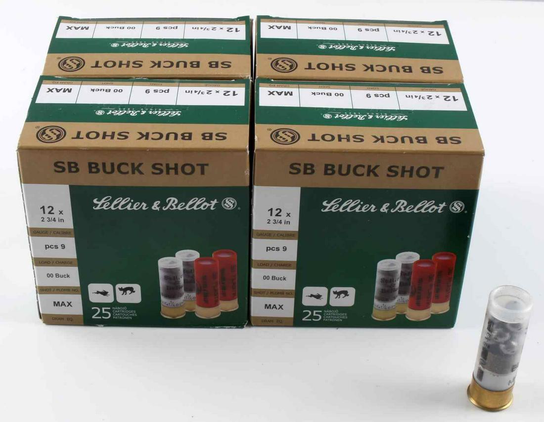 100 ROUNDS SELLIER & BELLOT 12 GA BUCK SHOT AMMO: 100 rounds of Sellier and Bellot 12 gauge Buck Shot ammunition. 4 boxes of 25 rounds.